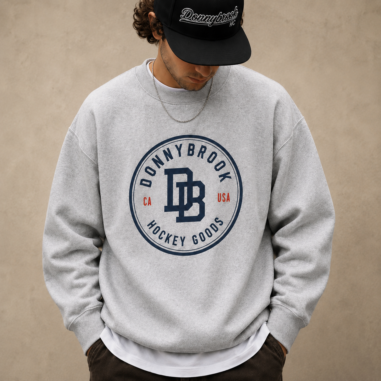 Donnybrook lifestyle — DB crest crewneck front view